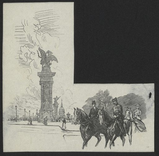 [Une amazone et un cavalier sur une place parisienne]