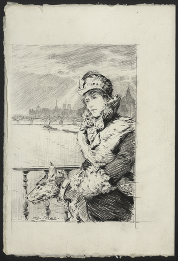 [Femme portant une toque et un manchon de fourrure sur un pont de Paris]