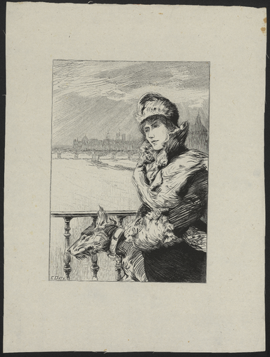 [Femme portant une toque et un manchon de fourrure sur un pont de Paris]