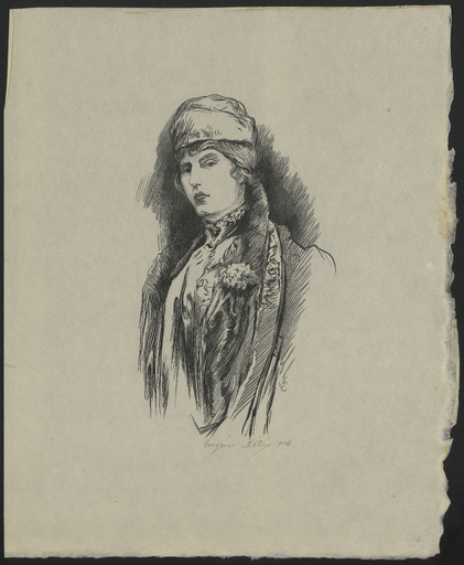 [Femme portant une toque et une fleur à la boutonnière]