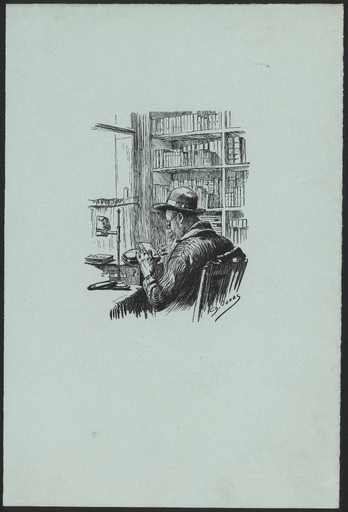 [Portrait d'Eugène Dété gravant un bois devant des étagères de livres]