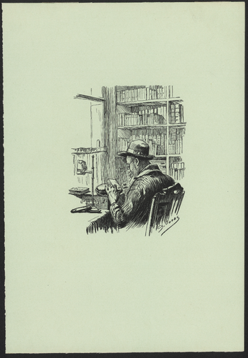 [Portrait d'Eugène Dété gravant un bois devant des étagères de livres]