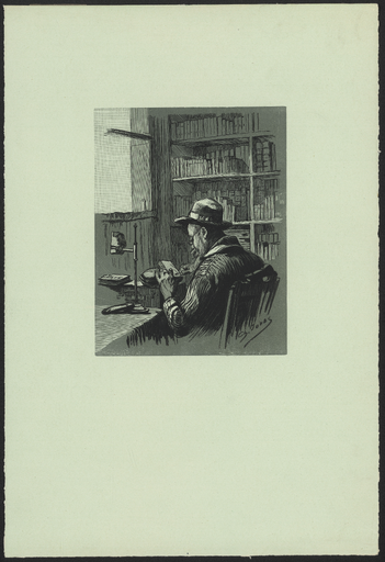 [Portrait d'Eugène Dété gravant un bois devant des étagères de livres]