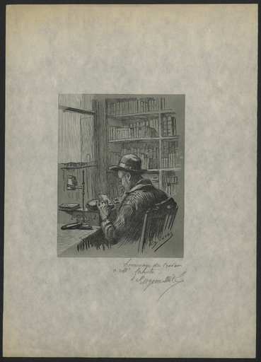 [Portrait d'Eugène Dété gravant un bois devant des étagères de livres]