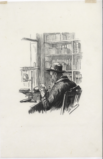 [Portrait d'Eugène Dété gravant un bois devant des étagères de livres]