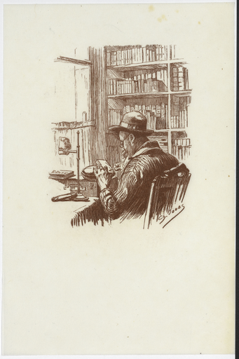 [Portrait d'Eugène Dété gravant un bois devant des étagères de livres]