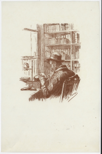 [Portrait d'Eugène Dété gravant un bois devant des étagères de livres]
