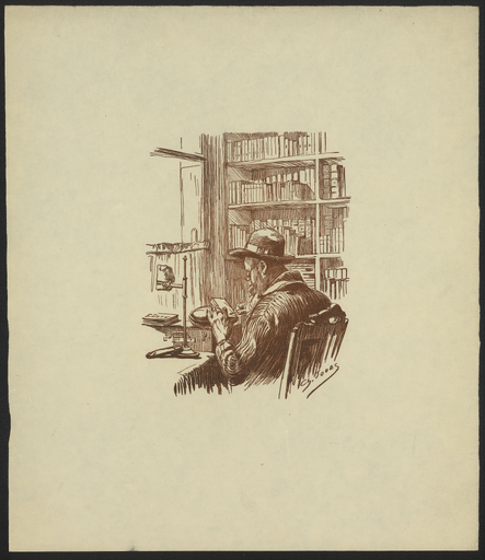 [Portrait d'Eugène Dété gravant un bois devant des étagères de livres]