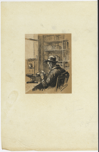 [Portrait d'Eugène Dété gravant un bois devant des étagères de livres]