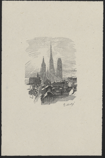 [Vue plongeante sur la cathédrale de Rouen et les toits]