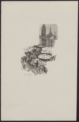 [Vue plongeante sur un marché et une tour de la cathédrale de Rouen]