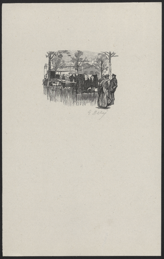 [Scène de marché en plein air devant une halle]
