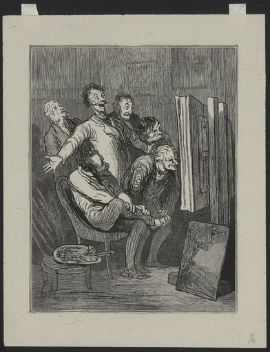 [A travers les ateliers, six amateurs penchés sur un tableau]