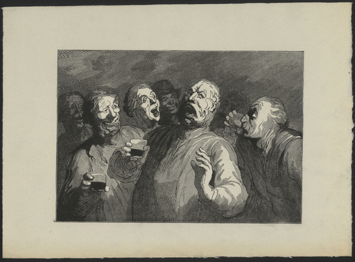 [Groupe d'hommes buvant et trinquant en levant leurs verres]