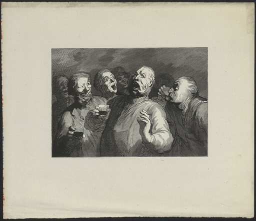 [Groupe d'hommes buvant et trinquant en levant leurs verres]