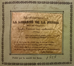 Réjouissons-nous !... La Liberté de la presse nous est conservée... [: billet de satin] publié par la Societé des Incas [de Valenciennes]