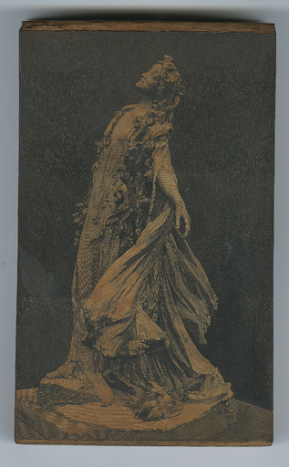[Matrice de l'estampe "Emma Calvé dans le rôle d'Ophélie, de profil avec des fleurs dans les cheveux"]