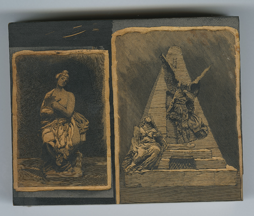 Matrice pour deux estampes : [Statuette d'une figure écrivant] et [Monument aux morts ou cénotaphe]